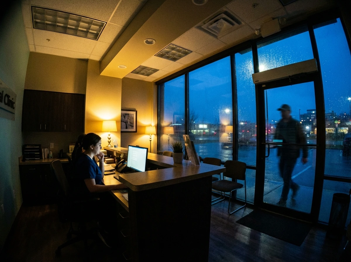 Tandklinikens reception kvällstid med patient som anländer