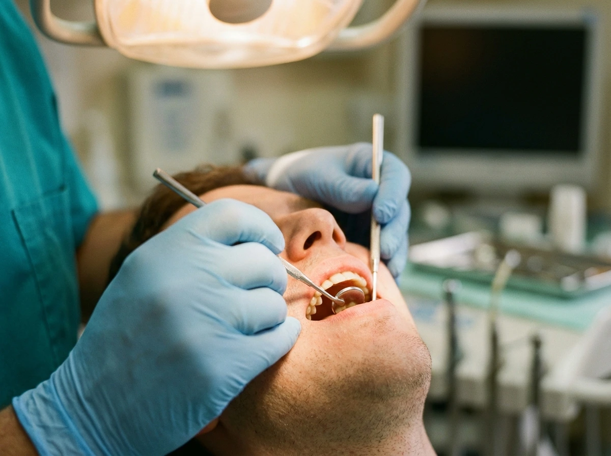 Tandläkare utför basundersökning med spegel och sond